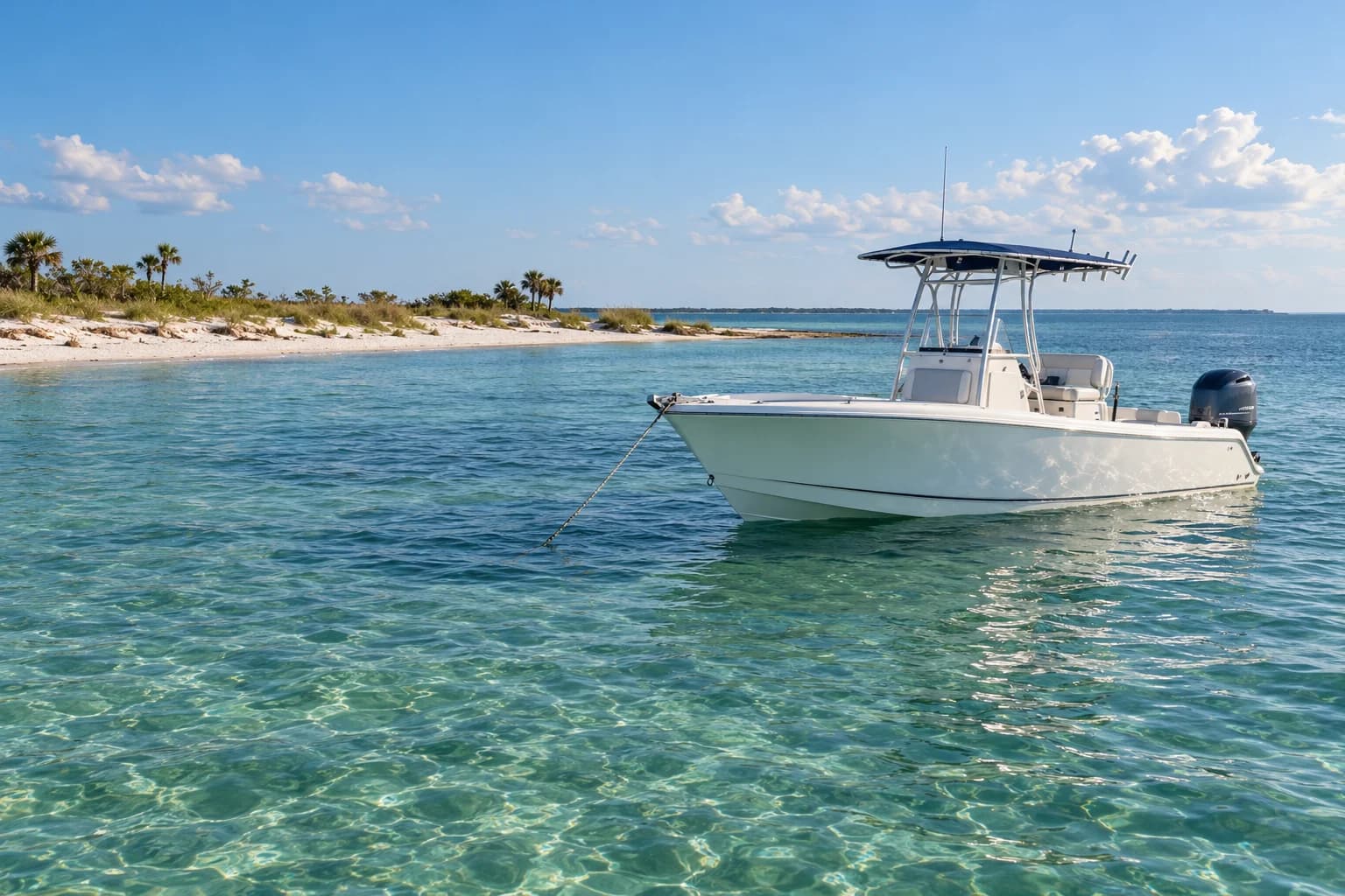 A center-console boat anchored beside a low coastal island in clear water