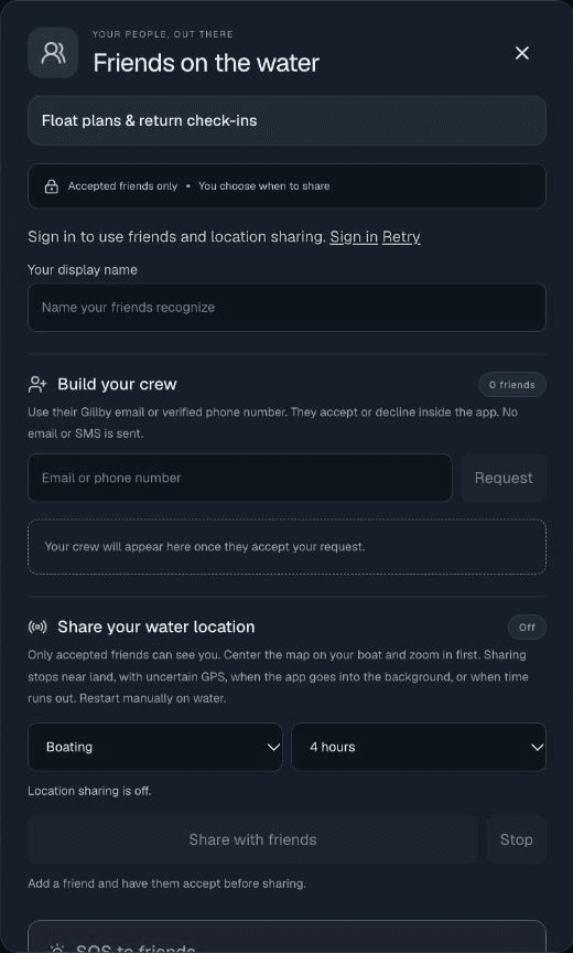 Actual Gillby Friends panel with friend requests and time-limited location-sharing controls