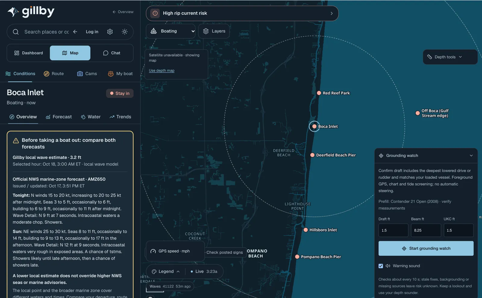 Gillby map on a large screen with Boca Inlet conditions, GPS speed and the grounding watch panel