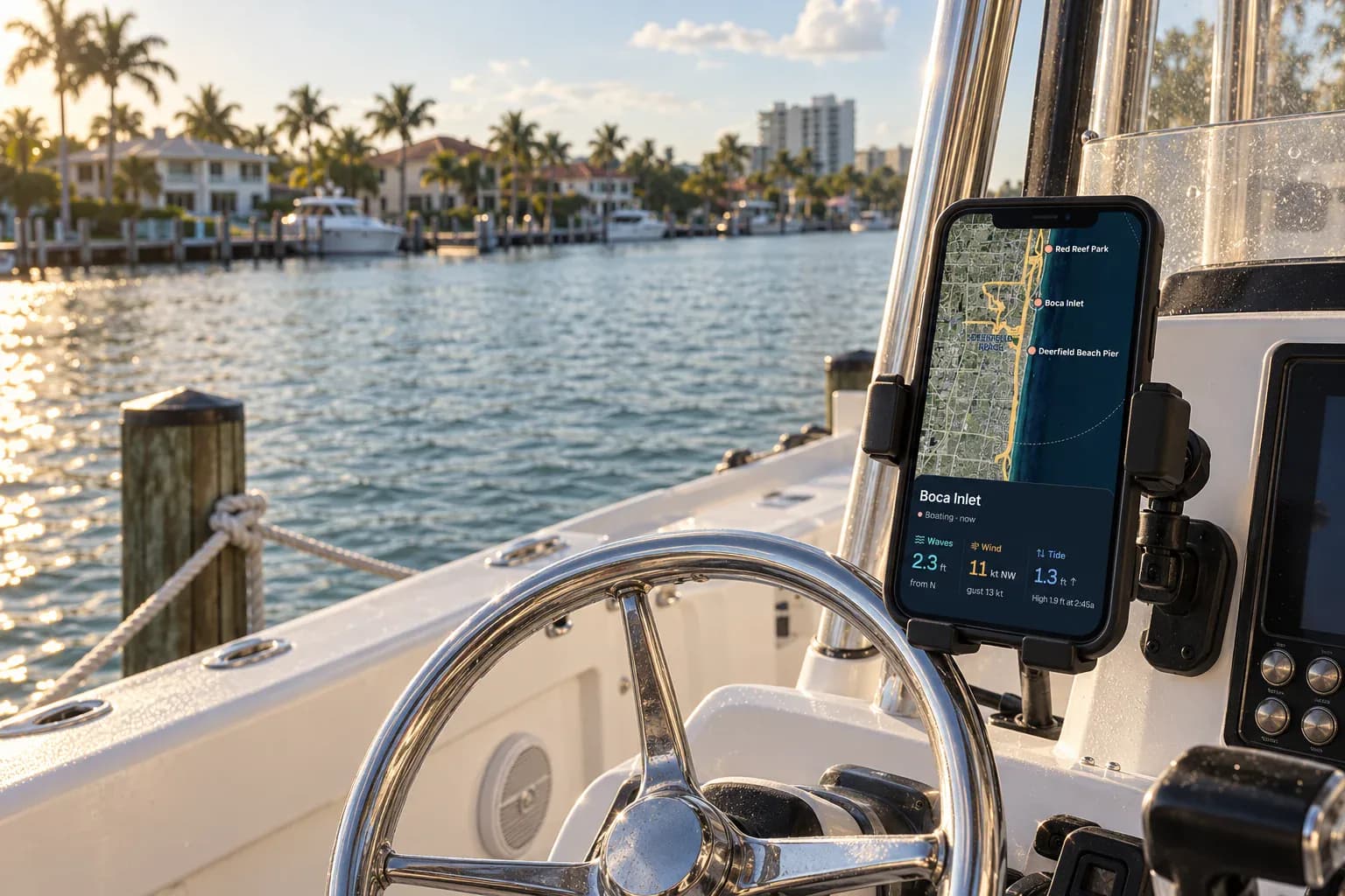 A phone in a waterproof mount at a center console helm showing Gillby conditions for Boca Inlet