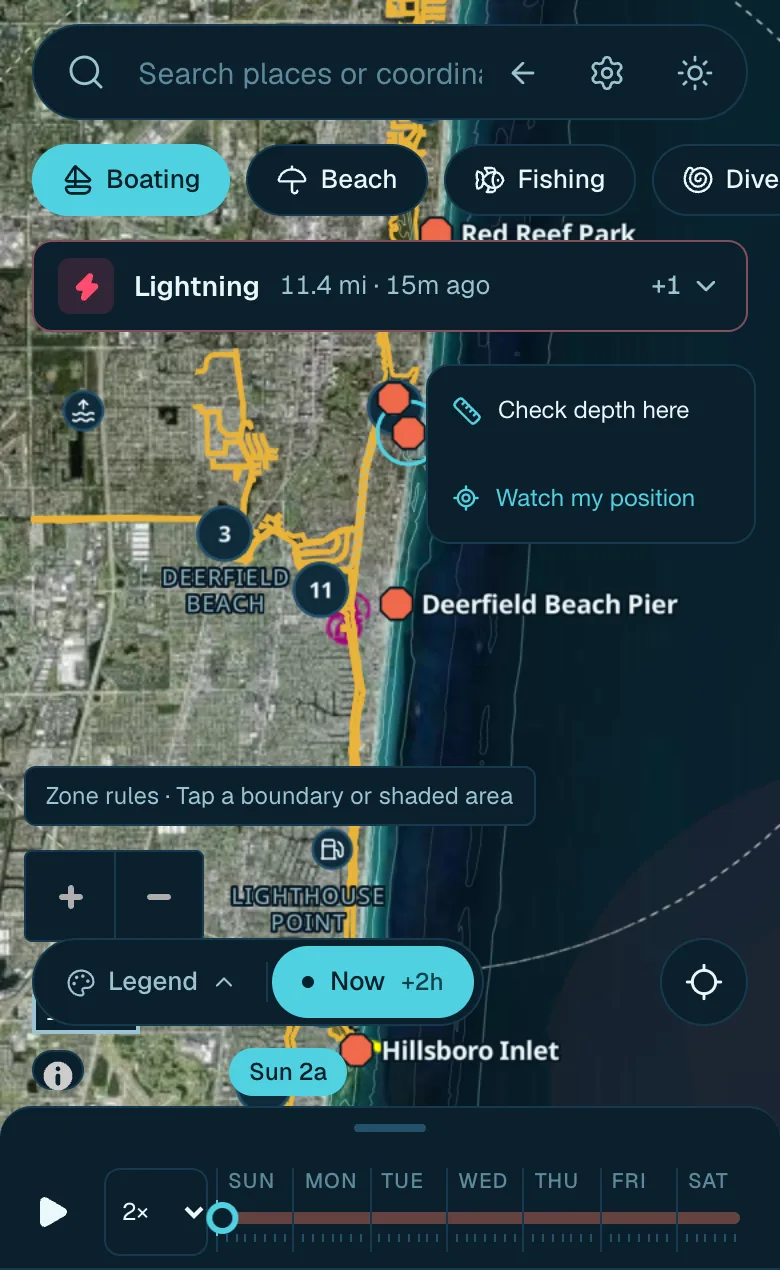 Gillby on a phone off Deerfield Beach with a lightning alert, depth check and watch-my-position menu and the forecast timeline