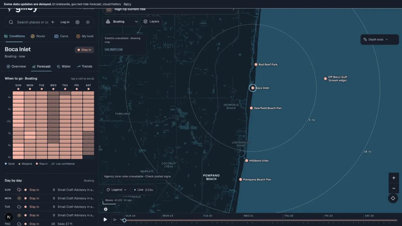 Seven-day hourly when-to-go grid for boating at Boca Inlet in Gillby