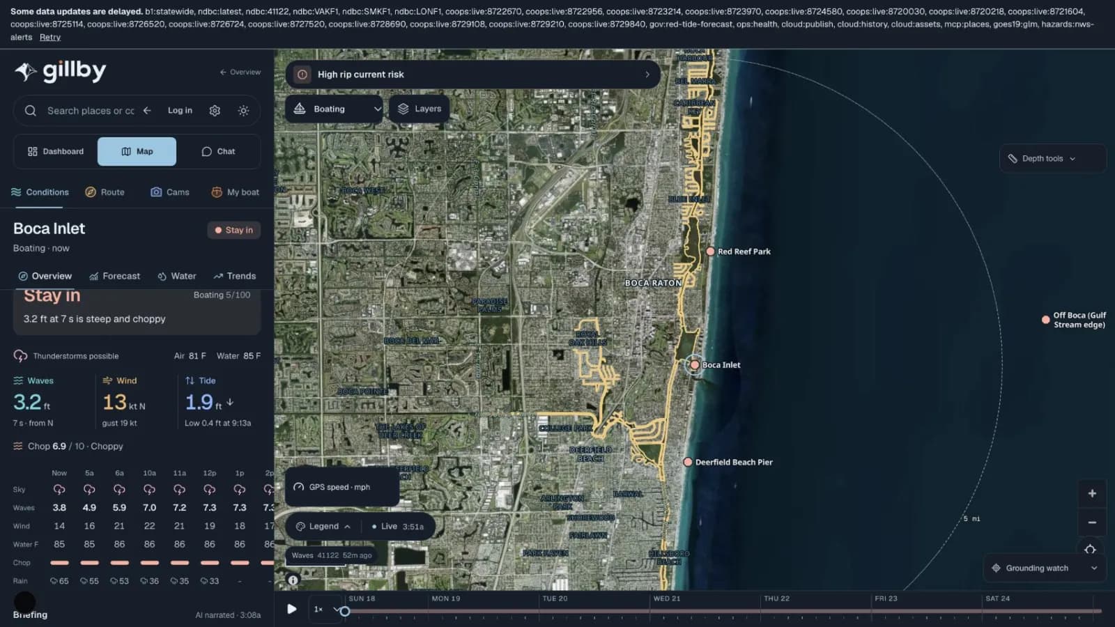 Gillby choppiness score and hourly chop for Boca Inlet beside satellite imagery