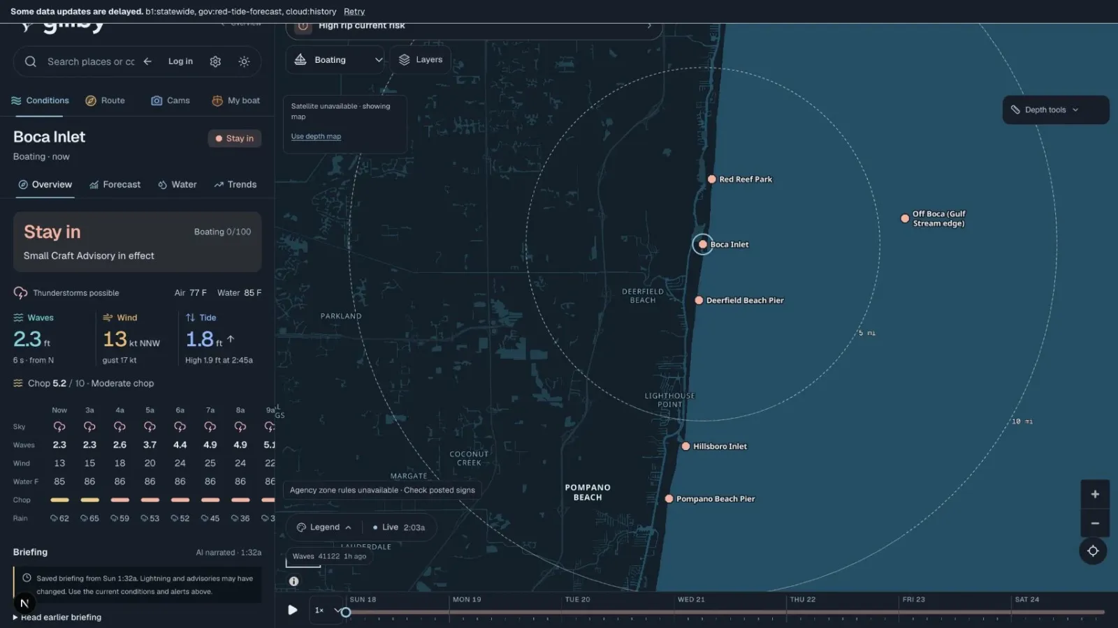 Gillby Boca Inlet overview with waves, wind, tide and chop for the next hours