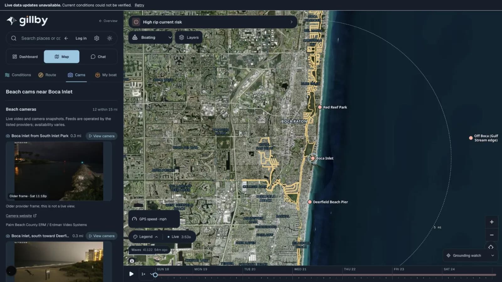 Beach cameras near Boca Inlet in the Gillby side panel beside a satellite map